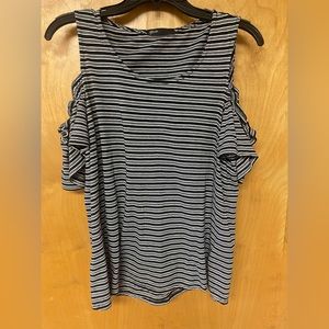 Gibson Black & White Striped Cold Shoulder Top